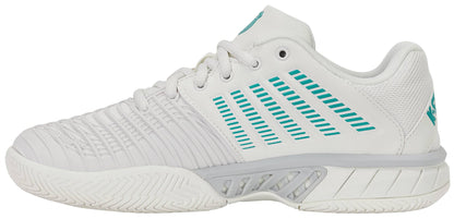 The K-Swiss Express Light 3 Women's Tennis Shoes in White/Baltic/Glacier Gray combine a sleek white design with teal (Baltic) accents and stripes. These shoes feature a textured sole for grip, durable DuraWrap Flex technology, and side ventilation for improved breathability.