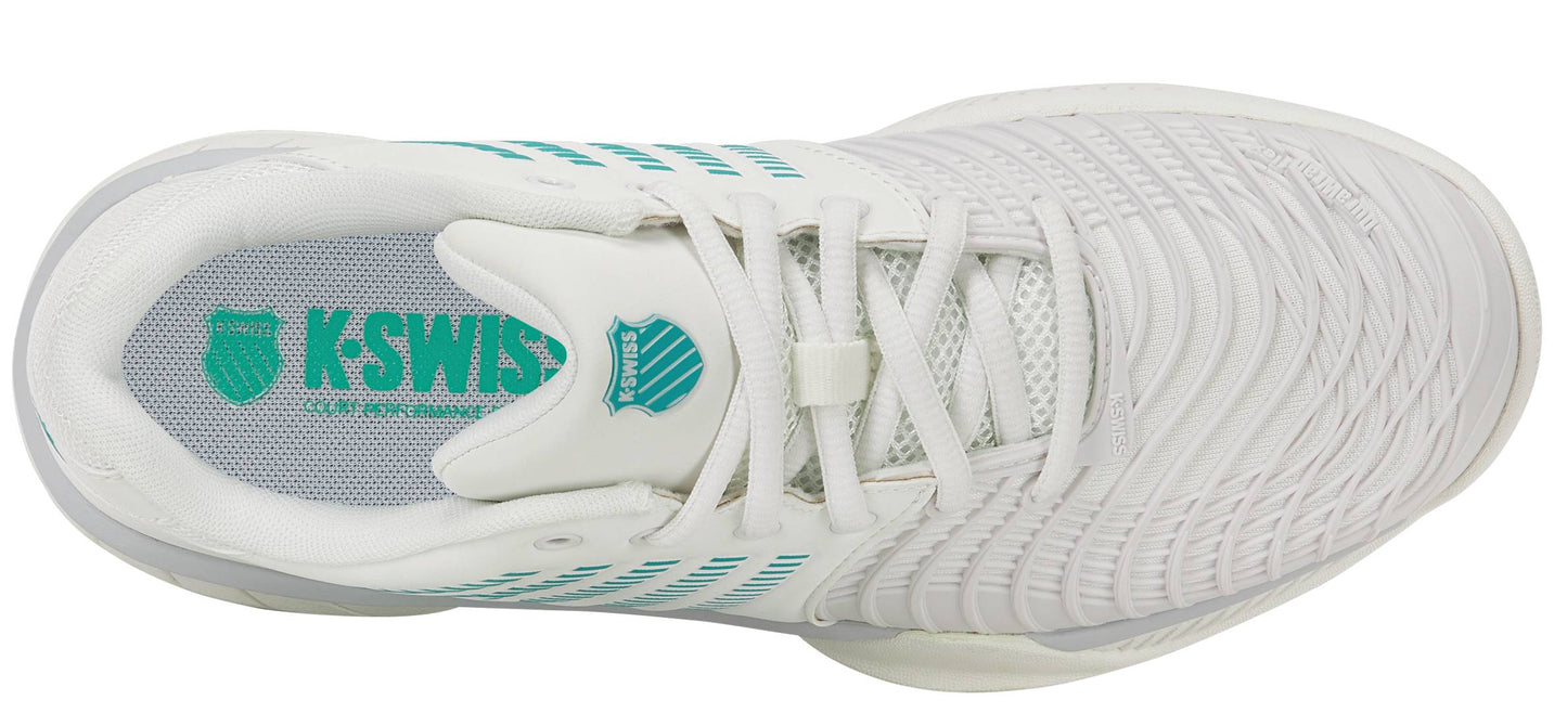 Top view of the K-Swiss Express Light 3 Women's Tennis Shoe in White/Baltic/Glacier Gray, showcasing breathable mesh texture, teal Baltic accents and logo, DuraWrap Flex overlays for added support, laces, and "K-SWISS" text on the insole.