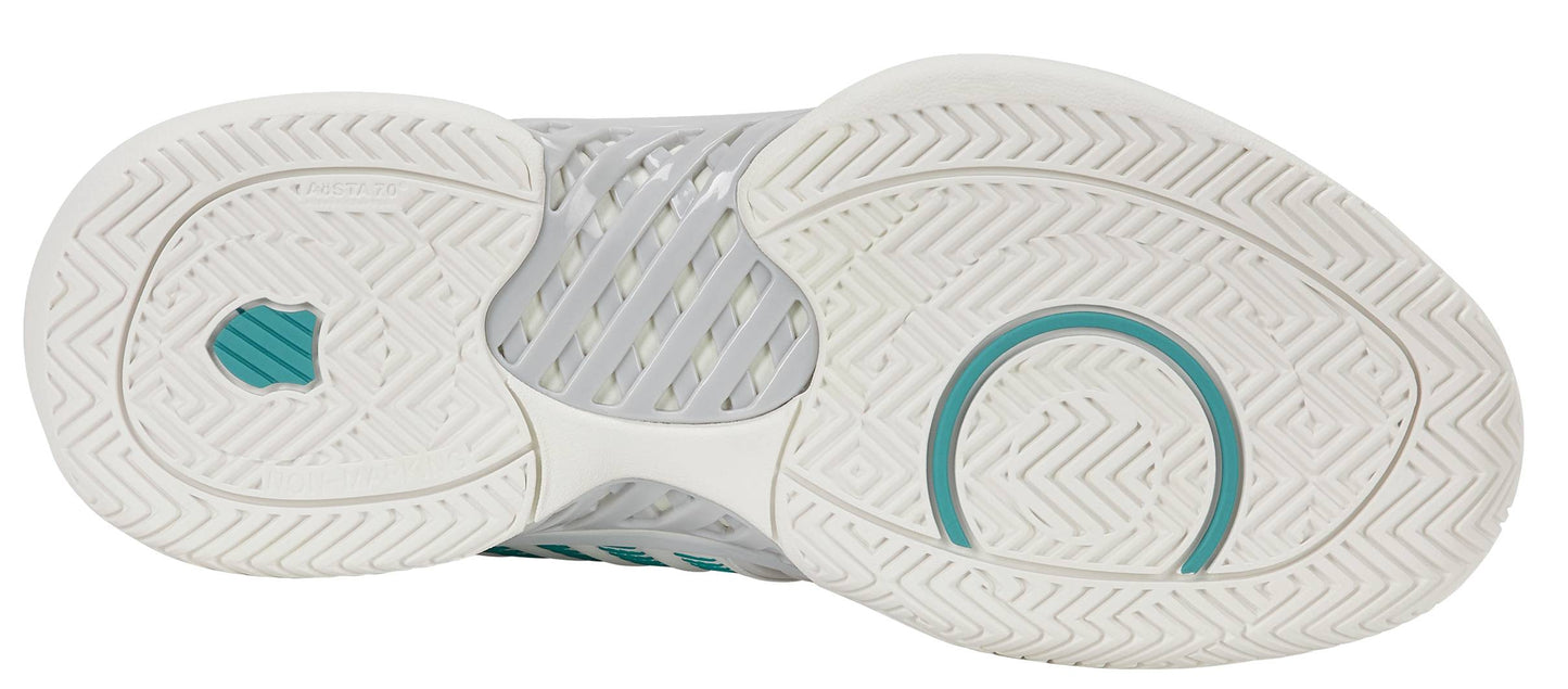The image displays the white, Baltic, and Glacier Gray patterned sole of the K-Swiss Express Light 3 Women’s Tennis Shoe, featuring intricate traction grooves, a circular design near the heel area, and enhanced durability provided by DuraWrap Flex technology.