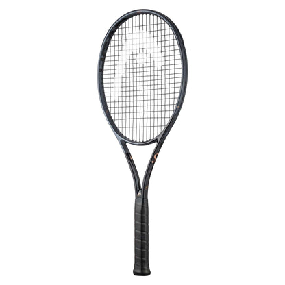 The HEAD Speed Pro LTD 2023 Tennis Racket - Black (Frame Only) features a modern black design with the brand's logo prominently displayed on the strings. Its handle is meticulously wrapped for optimal grip, and the slightly rounded frame enhances its contemporary look. With Graphene Inside technology, this racket from HEAD takes your game to new heights with advanced innovation.