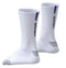 HEAD Colour Crew Tennis Socks in white/purple feature ribbed texture, black "HEAD" logo on the sides, zonal cushioning, blue and purple stripes at the top, and black speckled patterns on the toes and heels.