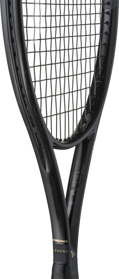 Close-up of the HEAD Speed MP Legend 2025 Tennis Racket in black/gold, highlighting the frame with "LEGEND" and gold accents inspired by Novak Djokovic’s style; part of the handle is visible.