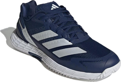 The adidas Defiant Speed 2 Men's Tennis Shoes in Dark Blue/Zero Metallic/Cloud White feature a mesh upper, signature white stripes, and a textured white sole—lightweight footwear designed for comfort and performance.