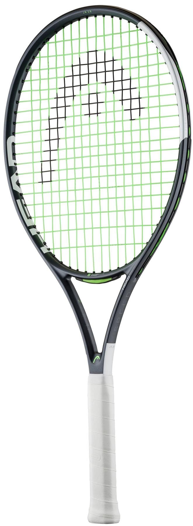 The HEAD IG Speed Junior 26 2026 Tennis Racket features a black and green design, white grip, green strings, and a curved string bed. This lightweight graphite kids racket by HEAD stands upright on a white background.