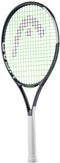 The HEAD IG Speed Junior 26 2026 Tennis Racket features a black and green design, white grip, green strings, and a curved string bed. This lightweight graphite kids racket by HEAD stands upright on a white background.