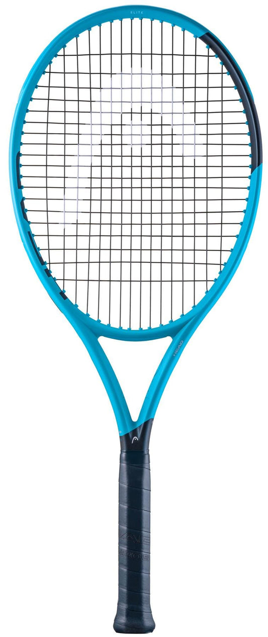 The HEAD Boom Elite 2026 Tennis Racket by HEAD is shown upright on a white background, featuring black strings and grip with a blue and black design, made for power and comfort.