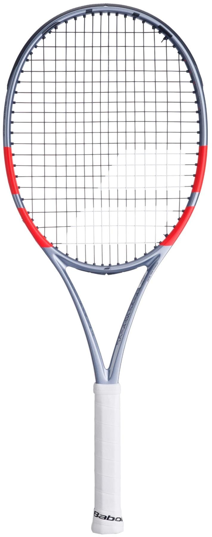 The Babolat Pure Strike Team Gen4 Tennis Racket in Carbon Grey is shown with a white grip, silver and red frame, and black strings against a white background—ideal for players seeking control and forgiveness.