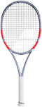 The Babolat Pure Strike Team Gen4 Tennis Racket in Carbon Grey is shown with a white grip, silver and red frame, and black strings against a white background—ideal for players seeking control and forgiveness.