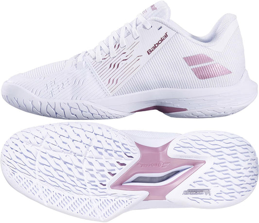The Babolat Jet Tere 2 All Court Women's Tennis Shoes in White/Golden Pink feature a lightweight, sleek design with textured soles for grip, subtle upper line details, and pink accents—shown from the side and bottom.