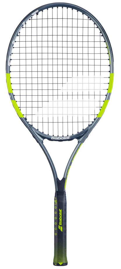 The Babolat Carlitos Junior 26 Tennis Racket by Babolat features a black and neon yellow frame, tightly strung strings, and a textured grip—ideal for young beginners. The Babolat logo appears on the throat and handle.