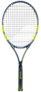 The Babolat Carlitos Junior 26 Tennis Racket by Babolat features a black and neon yellow frame, tightly strung strings, and a textured grip—ideal for young beginners. The Babolat logo appears on the throat and handle.