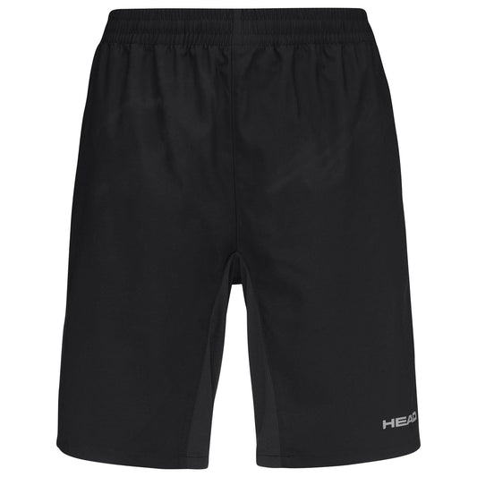 HEAD Club Bermudas Men's Tennis Shorts in black by HEAD, shown from the front. These breathable shorts feature an elastic waistband and a simple design with a small white "HEAD" logo on the lower left leg.