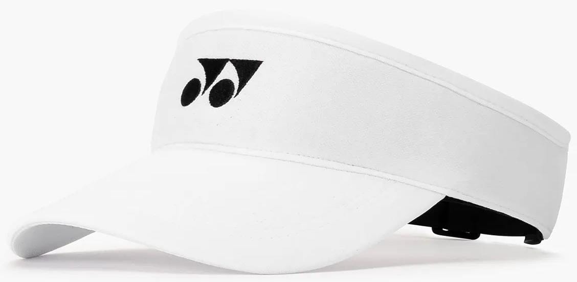The Yonex 40126EX Tennis Visor in white, featuring the Yonex black logo on the front, combines style and comfort with its adjustable fit—a great choice for any tennis match.