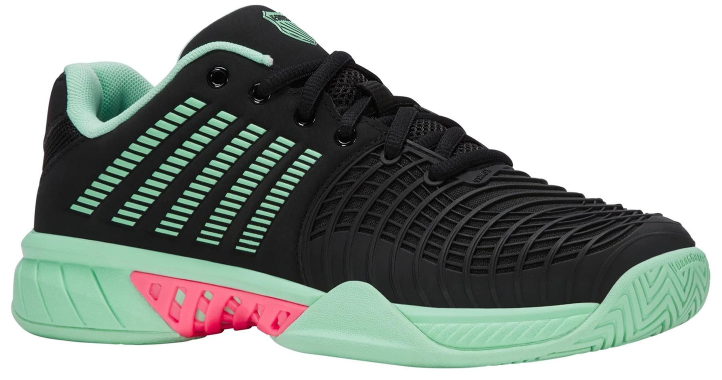 The K-Swiss Express Light 3 Women's Tennis Shoes in Black/Neon Mint/Pastel Pink combine a mesh-like design, lace-up style, and pastel pink accents at the midsole for lightweight, stylish court-ready footwear.