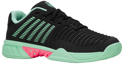The K-Swiss Express Light 3 Women's Tennis Shoes in Black/Neon Mint/Pastel Pink combine a mesh-like design, lace-up style, and pastel pink accents at the midsole for lightweight, stylish court-ready footwear.