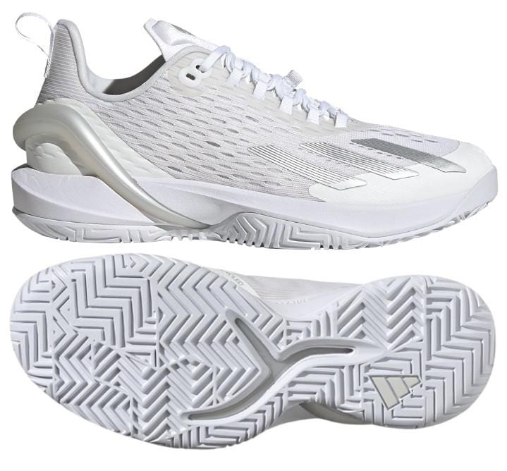 The adidas Adizero Cybersonic Women's Tennis Shoes in White/Silver are displayed from a side angle and bottom view, emphasizing their sleek mesh upper with textured panels and unique geometric tread pattern tailored for enhanced speed on the court.