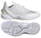 The adidas Adizero Cybersonic Women's Tennis Shoes in White/Silver are displayed from a side angle and bottom view, emphasizing their sleek mesh upper with textured panels and unique geometric tread pattern tailored for enhanced speed on the court.