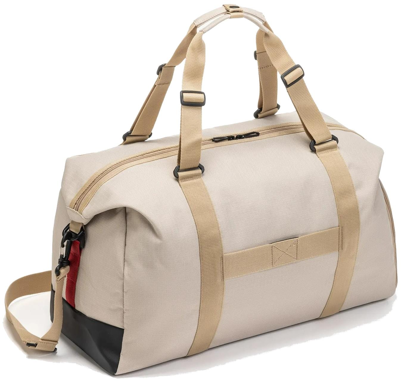 The Yonex BA72611EX Gearlogic Tennis Boston Bag in beige is crafted from recycled polyester, featuring tan handles, black corner accents, a red side detail, and a detachable shoulder strap—all displayed on a white background.