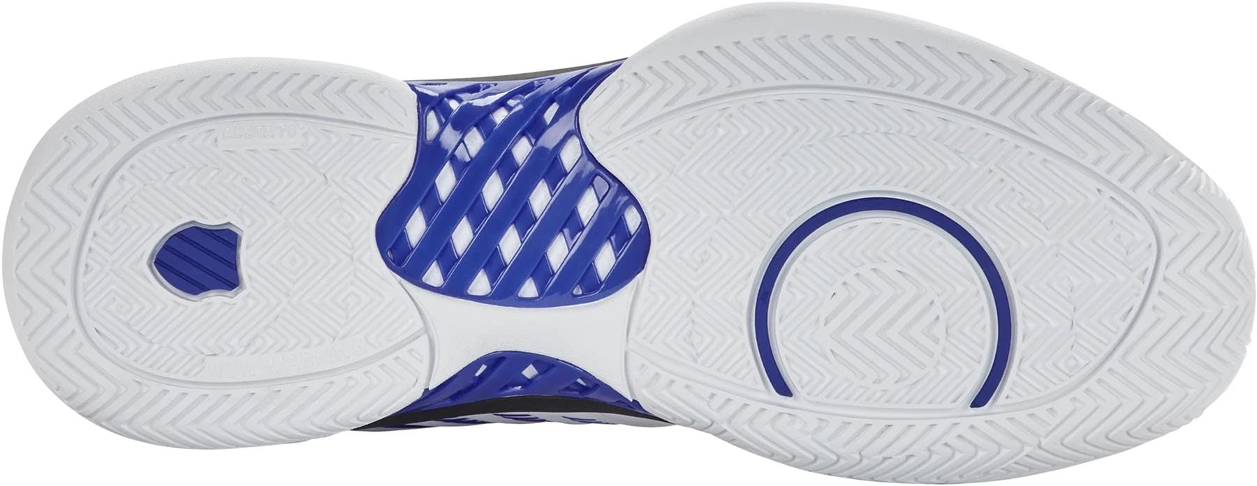 The image displays the outsole of the K-Swiss Express Light 3 Men's Tennis Shoes in White/Dazzling Blue/Black, featuring a zigzag tread, white rubber with blue accents, textured grooves for grip, and a blue diamond pattern at the center.