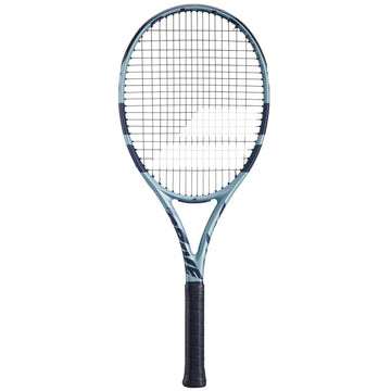 The Babolat EVO Drive Tour Gen 2 Tennis Racket - Blue features a black grip, tightly strung strings, and Air Handle Touch technology. Displayed vertically on a white background.