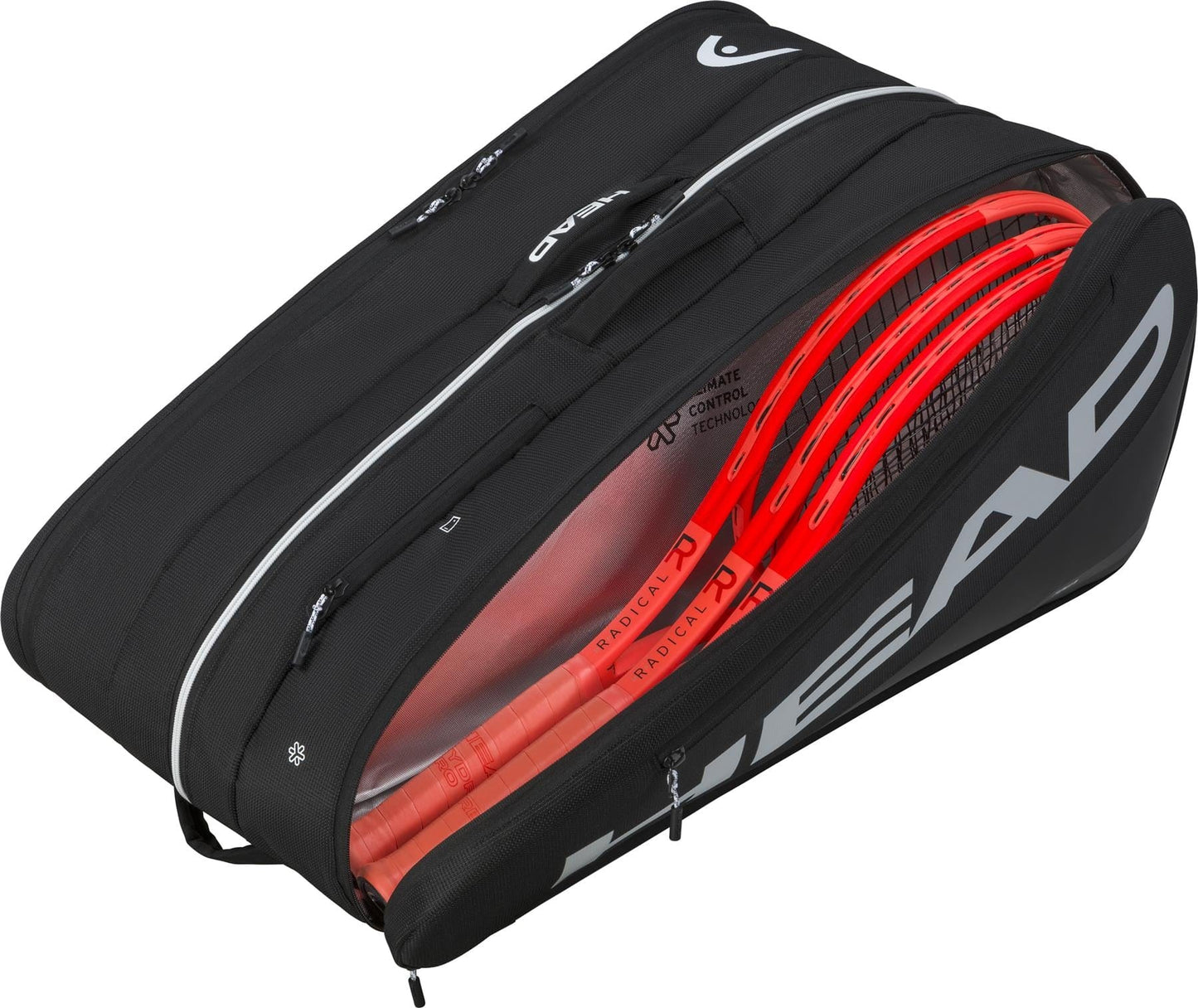 A HEAD Tour 12 Racket Tennis Bag XL - Black by HEAD is unzipped to reveal several bright orange tennis racquets stored neatly in its multiple compartments.