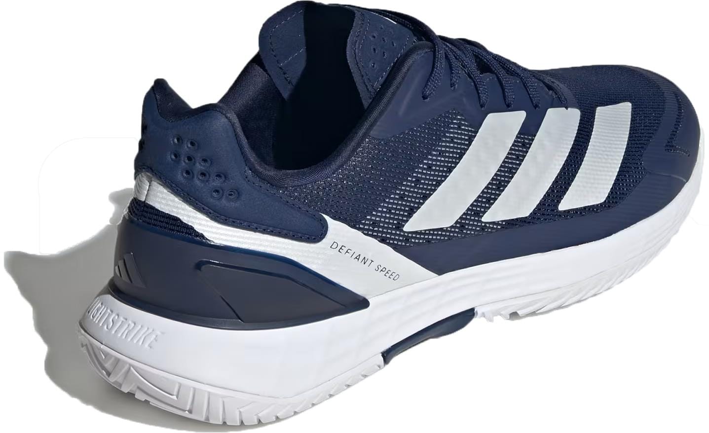 The adidas Defiant Speed 2 Men’s Tennis Shoes in Dark Blue/Zero Metallic/Cloud White combine lightweight comfort with style, featuring signature white stripes and a textured sole for top performance on the court.