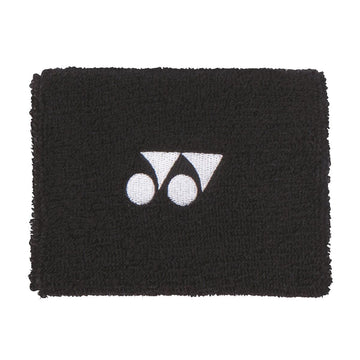 Yonex AC492 Wristband in black, featuring a white logo with two circles and a triangular design, crafted for maximum performance on the court.