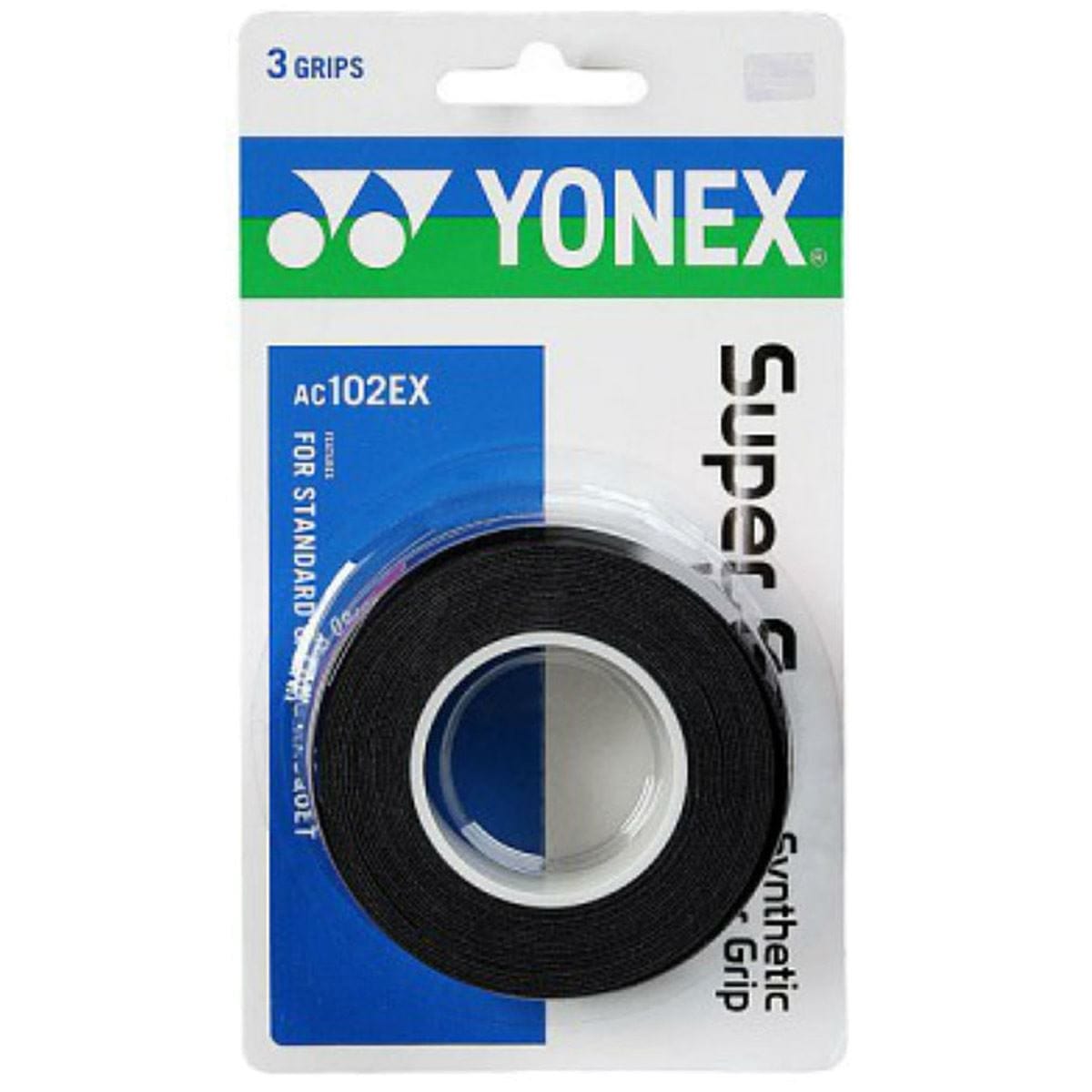 A Yonex AC102EX Super Grap Tennis Overgrip 3 Pack in black, standard size, comes in packaging with "3 grips" at the top left and blue-green Yonex branding.