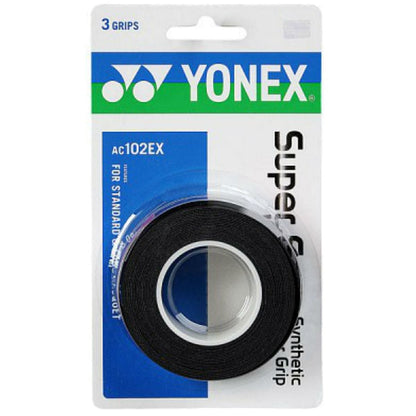 A Yonex AC102EX Super Grap Tennis Overgrip 3 Pack in black, standard size, comes in packaging with "3 grips" at the top left and blue-green Yonex branding.