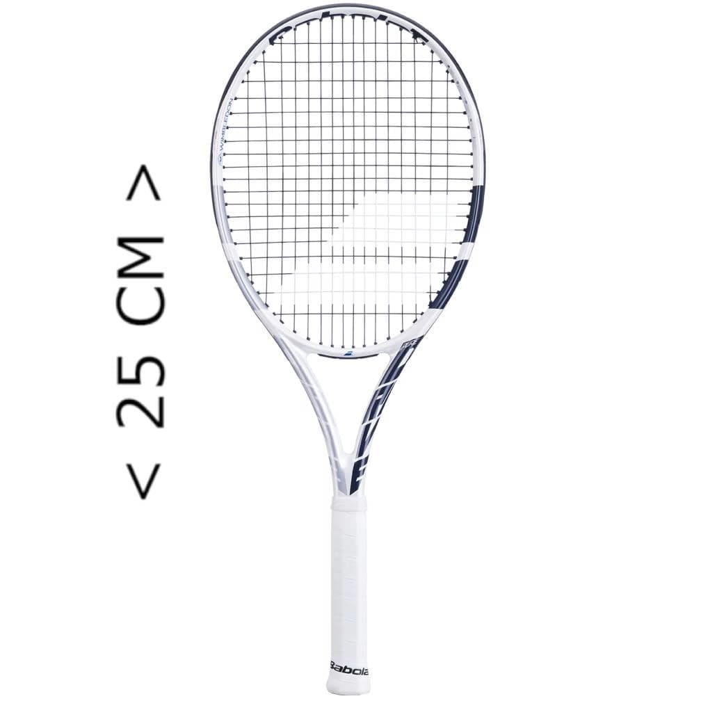 The Babolat Mini Pure Drive Wimbledon Tennis Racket, with white handle and strings and a 25 cm marker, is an ideal souvenir for tennis enthusiasts, capturing the precision and elegance of Wimbledon.