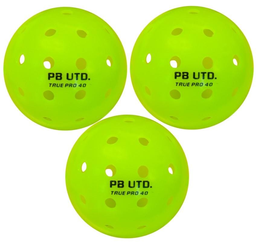 Three bright yellow Pickleball United True Competition 40 Outdoor Balls, each with multiple holes and "PB UTD. TRUE PRO 40" printed on them, are arranged together on a white background—perfect for tournament play.