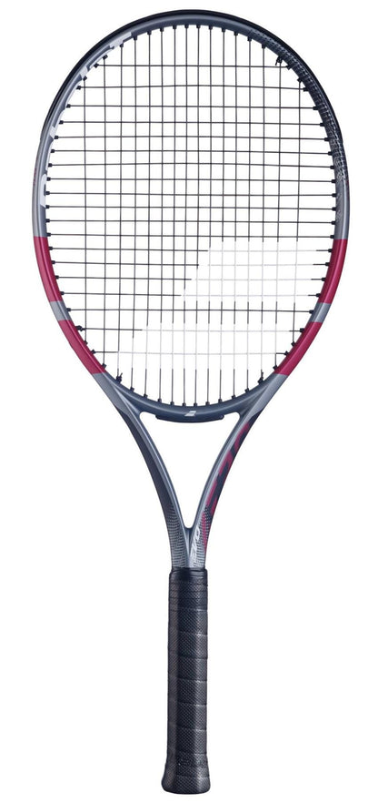 The Babolat Evo Aero Pink 2026 Tennis Racket by Babolat is shown upright against a white background, ideal for intermediate to advanced players.