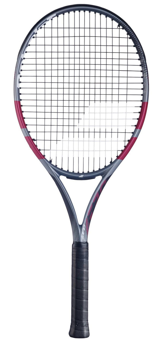 The Babolat Evo Aero Pink 2026 Tennis Racket by Babolat is shown upright against a white background, ideal for intermediate to advanced players.