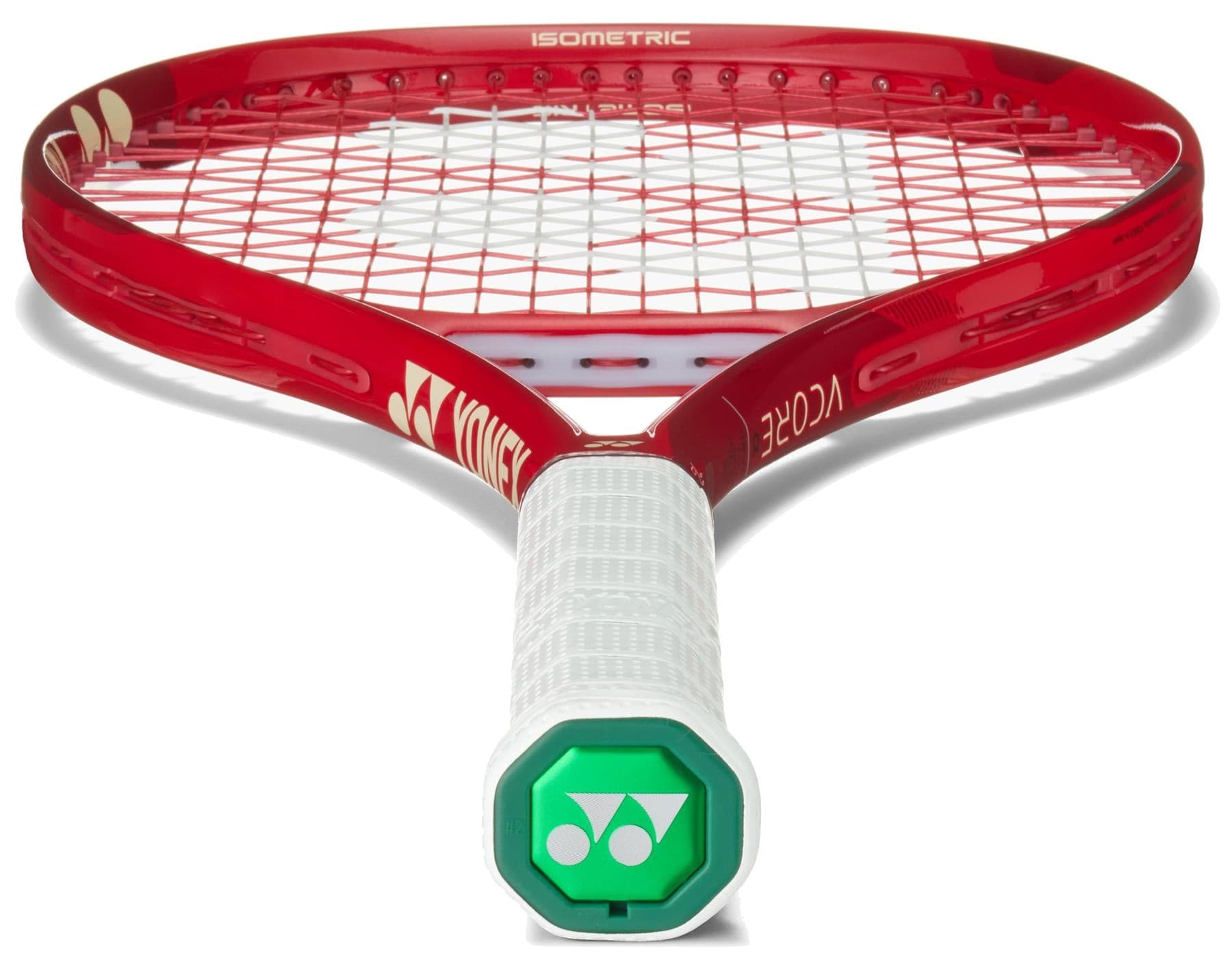 A close-up of the Yonex VCORE Alpha Ruby Red 2026 Tennis Racket with a white grip, featuring ISOMETRIC technology strings and the Yonex logo on the handle cap, photographed from handle to racket head.
