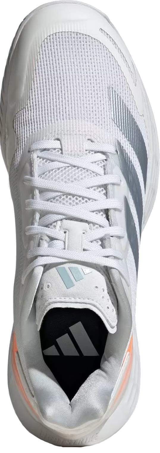 Top view of the adidas Defiant Speed 2 Women's Tennis Shoe in Cloud White, Halo Blue, and Beam Orange, with gray stripes, tied laces, black Adidas logo insole, and an orange accent on the heel.