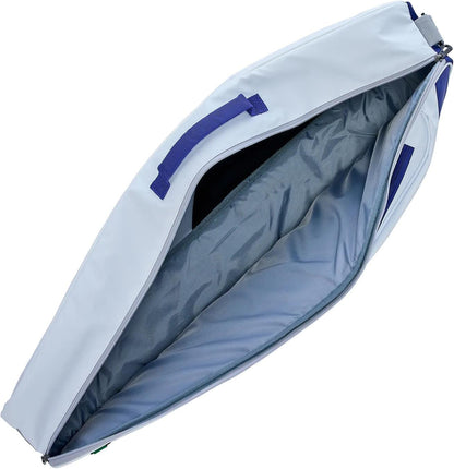 The Yonex BA52523EX Club 3 Racket Tennis Bag in White/Blue features a padded, zippered top, soft gray interior, and dark blue handle. Lightweight and roomy, it holds up to 3 rackets and is perfect for carrying large, flat items.