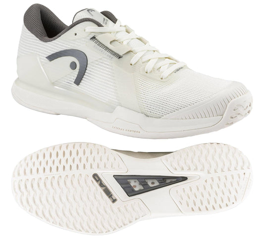 HEAD Sprint Pro 4.0 Men's Tennis Shoes in Chalk White/Dark Grey feature a side view with gray logo, textured sole for grip, and central gray insert. These lightweight HEAD shoes offer breathable comfort for both on and off the court.