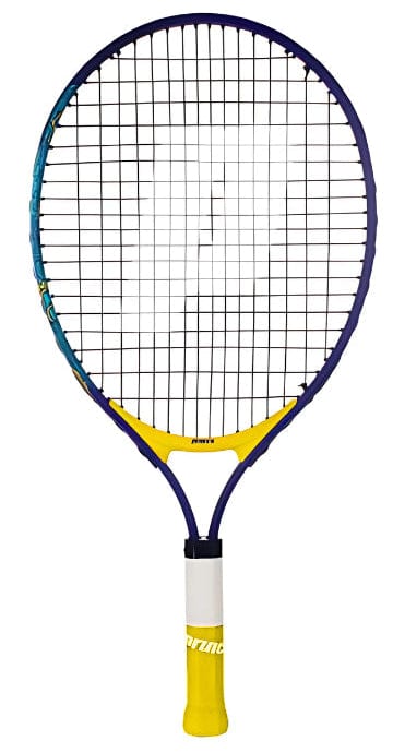 The Prince Ace/Face 19 2025 Junior Tennis Racket by Prince features a blue and yellow frame, white grip, and black strings, making it ideal for young players to build hand-eye coordination. Displayed against a plain white background.