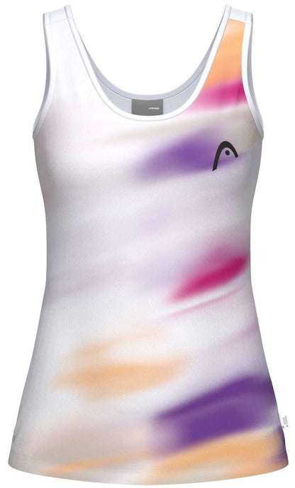 Stay stylish and comfortable in the HEAD Blur Women’s Tennis Tank Top - PUXU, featuring a white base with abstract pastel purple, pink, and orange streaks, plus a small black HEAD logo on the left chest for modern flair.