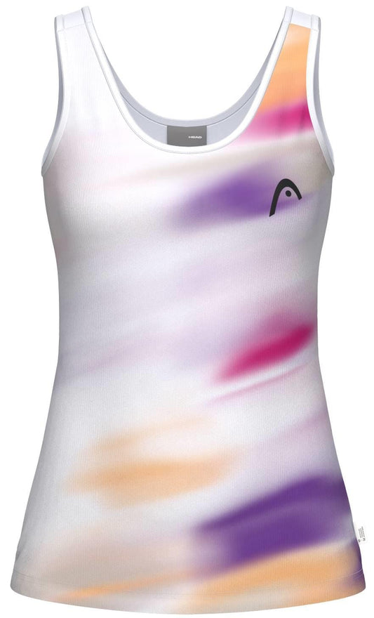 Stay stylish and comfortable in the HEAD Blur Women’s Tennis Tank Top - PUXU, featuring a white base with abstract pastel purple, pink, and orange streaks, plus a small black HEAD logo on the left chest for modern flair.
