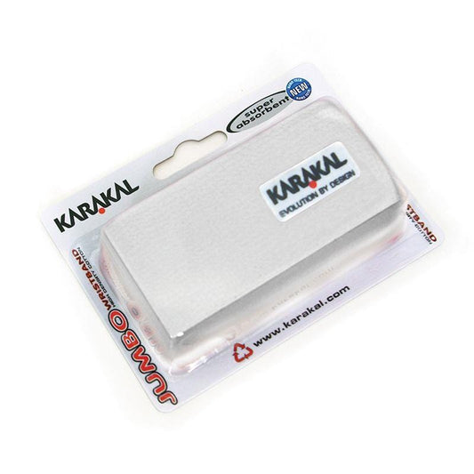 A twin pack of Karakal Jumbo Tennis Wrist Bands in white, featuring the words "Jumbo" and "Evolution in Design." The packaging emphasizes that these wristbands are extra wide and made from super absorbent cotton.