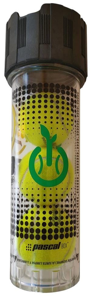 The Bullpadel Pascal Tennis Ball Pressuriser - 3 Ball Tube is a clear cylindrical container with a black lid, holding three yellow padel balls. It features the green and black Bullpadel logo and dotted design on the exterior.