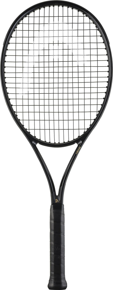 The HEAD Speed MP Legend 2025 Tennis Racket by HEAD, shown upright against a white background, features a black design with a strung grid and wrapped handle, similar to the model used by Novak Djokovic.
