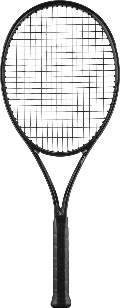 The HEAD Speed MP Legend 2025 Tennis Racket in black and gold, inspired by Novak Djokovic, features a dark handle and tightly strung strings, shown against a white background.