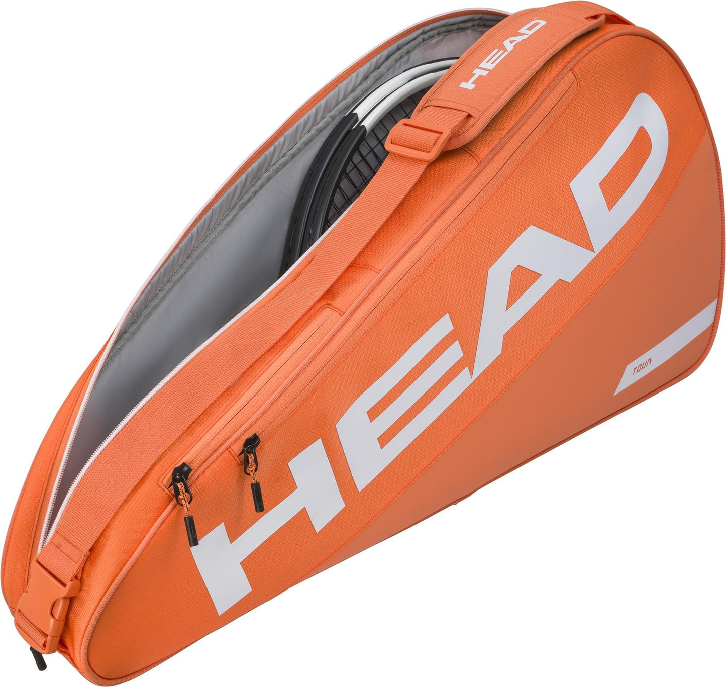 The HEAD Tour 3 Racket Tennis Bag S in orange features white branding, three zippered compartments, and carrying handles—perfect for serious players seeking a compact way to carry rackets.