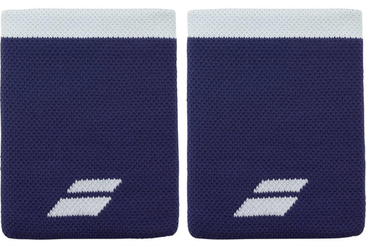 The Babolat Logo Jumbo Wristband in Illusion Blue features a white stripe and geometric logo, offering sweat-absorbing comfort and performance.