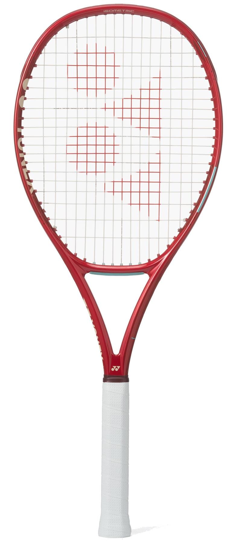 The Yonex VCORE 100 Ruby Red 2026 Tennis Racket features a bold red frame with white strings and a large red "Y" design, optimized for spin. It has a white grip and is displayed against a plain white background.