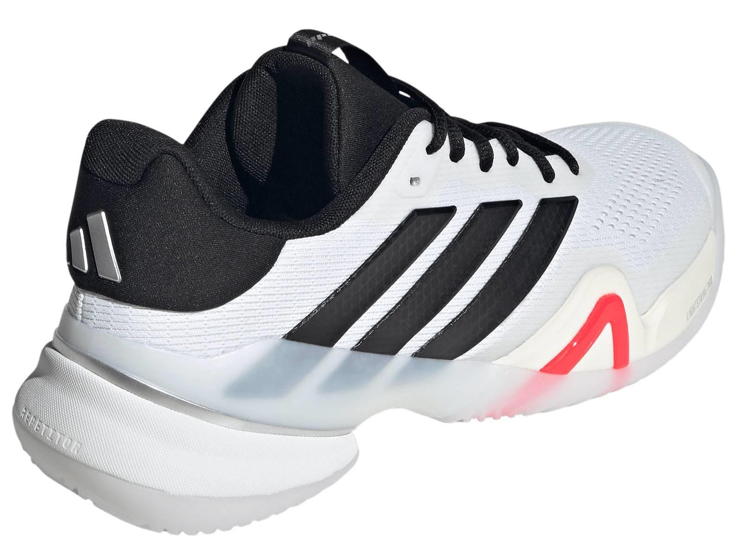 The ADIDAS Barricade 14 Mens WIDE Tennis Shoes in white by adidas feature black accents, three black stripes, a black heel collar, a red detail near the midsole, a textured sole, and a modern athletic design.