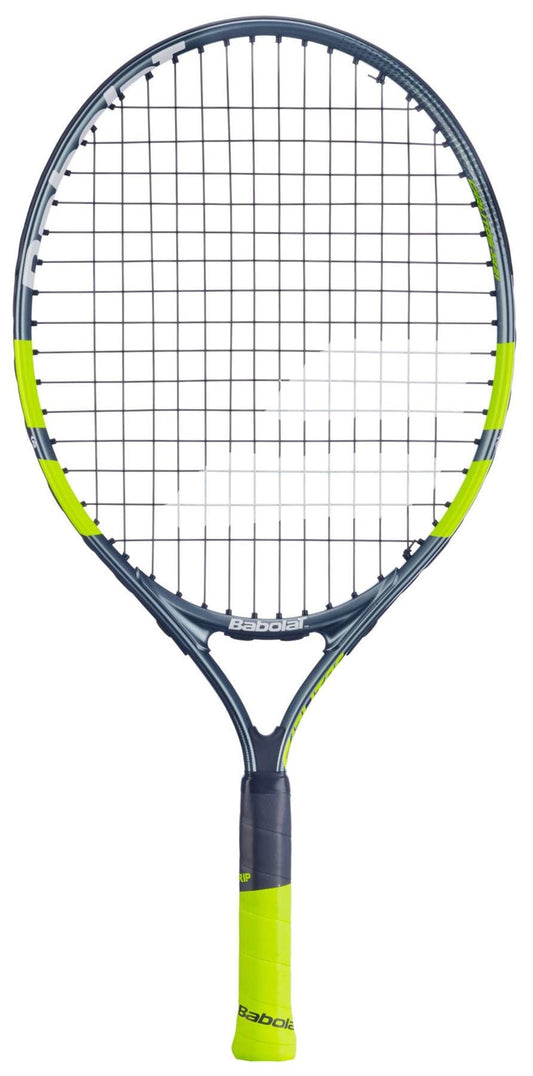 The Babolat Carlitos Junior 21 Tennis Racket features a grey frame, black strings, neon yellow grip, and bright yellow accents. With "Babolat" branding, it's an ideal kids’ racket for young players starting tennis.