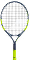 The Babolat Carlitos Junior 21 Tennis Racket features a grey frame, black strings, neon yellow grip, and bright yellow accents. With "Babolat" branding, it's an ideal kids’ racket for young players starting tennis.